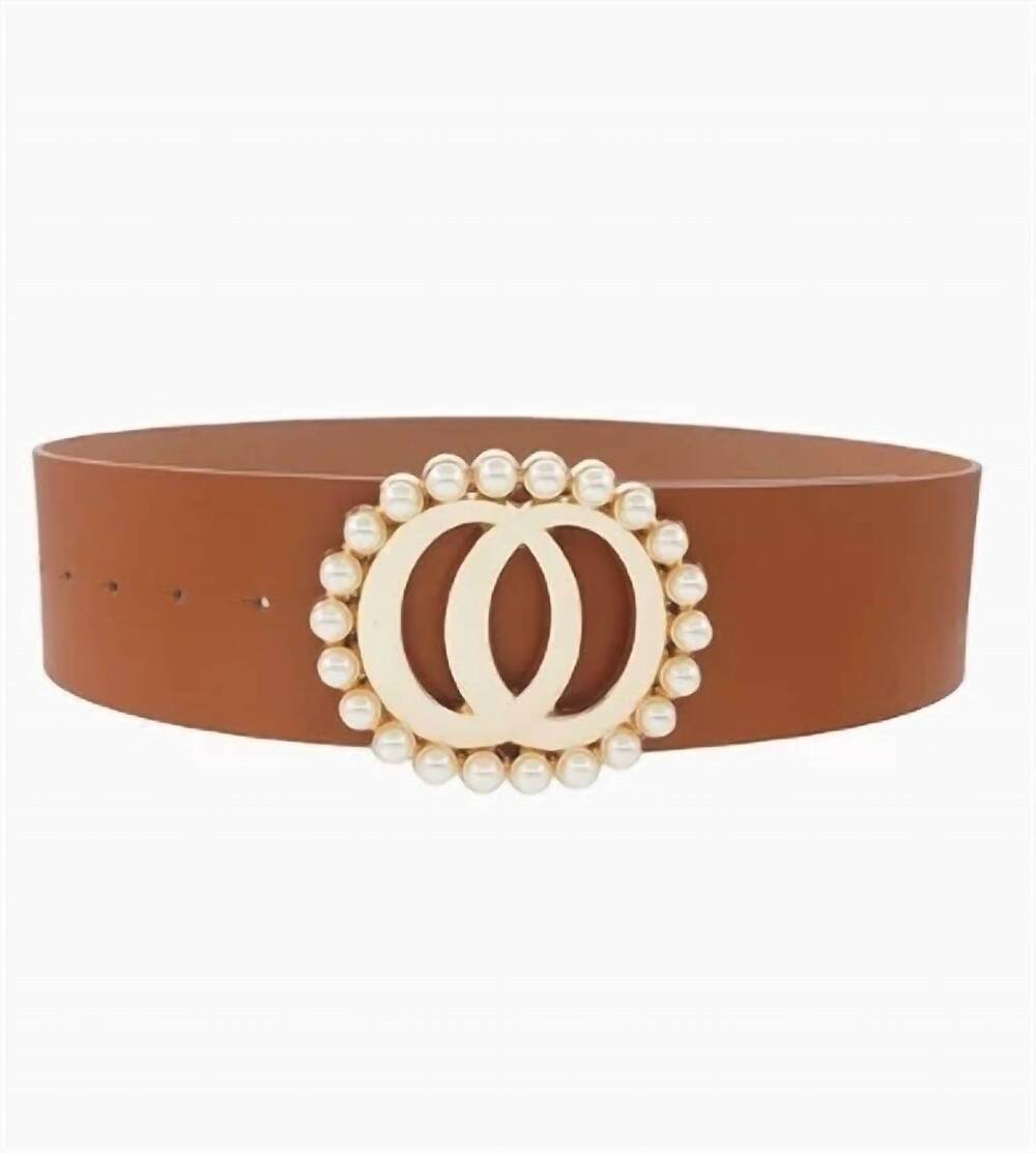 NEW JOIA women's double joined round pearl style belt bag in cognac